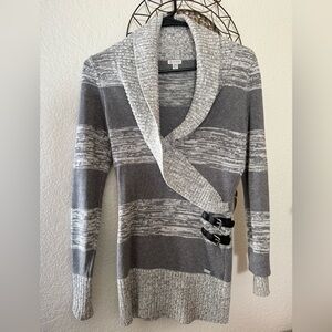 Guess Gray and White Striped Cardigan with Buckle Accents